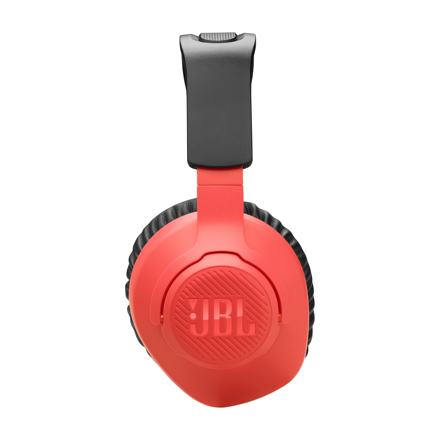 Cuffie JBL rosse. Fascia e dettagli neri. Logo JBL sull'auricolare.