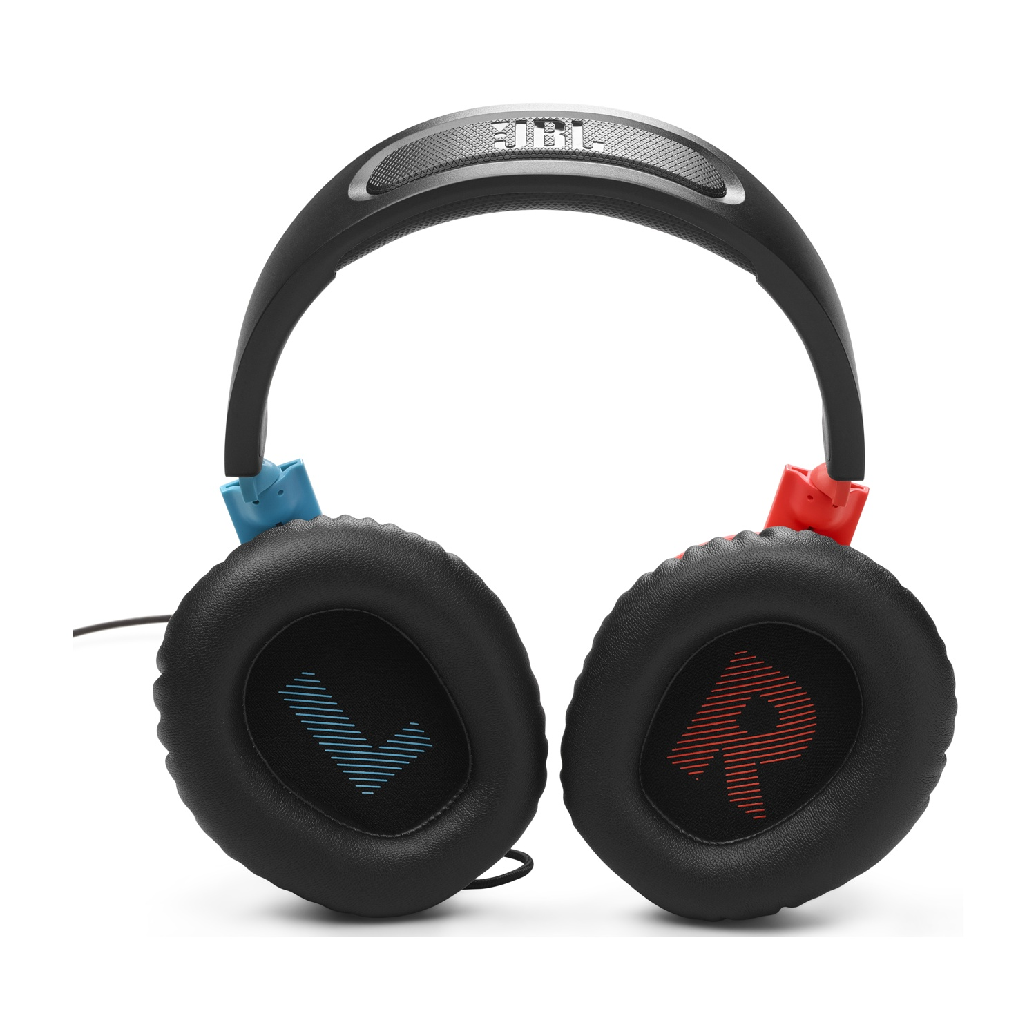 Cuffie nere con dettagli blu e rossi sui padiglioni. Il marchio JBL è sulla fascia.