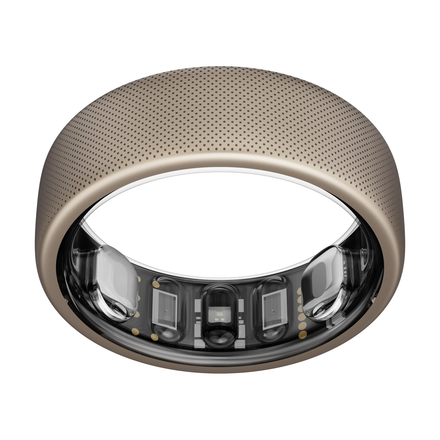 Anello intelligente color oro con sensori interni. L'anello è su sfondo bianco.