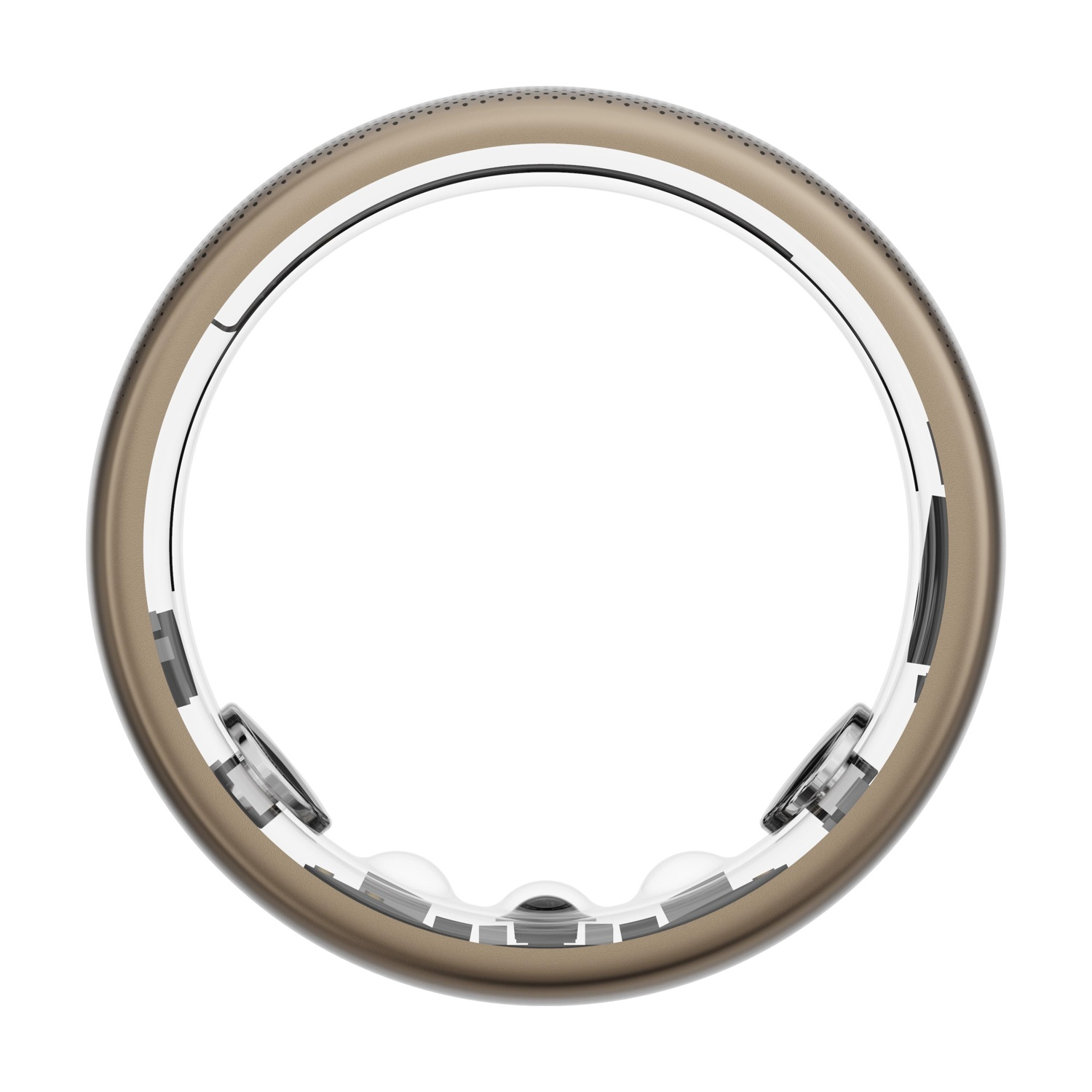 Un dispositivo circolare, probabilmente un anello, con finitura oro metallizzato.
