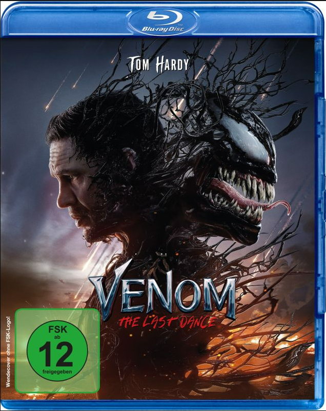 Blu-ray-Filmcover: Venoms Gesicht, Tom Hardys Profil und Text 'Venom: The Last Dance'.