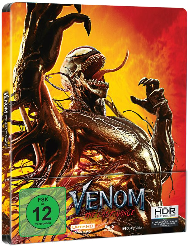Venom-Filmcover. Ein Wesen mit langer Zunge und scharfen Zähnen auf rotem und gelbem Hintergrund.