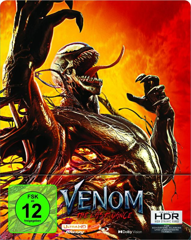 Filmcover: 'Venom: The Last Dance'. Eine Kreatur mit offenem Mund. Text und Logos sichtbar.
