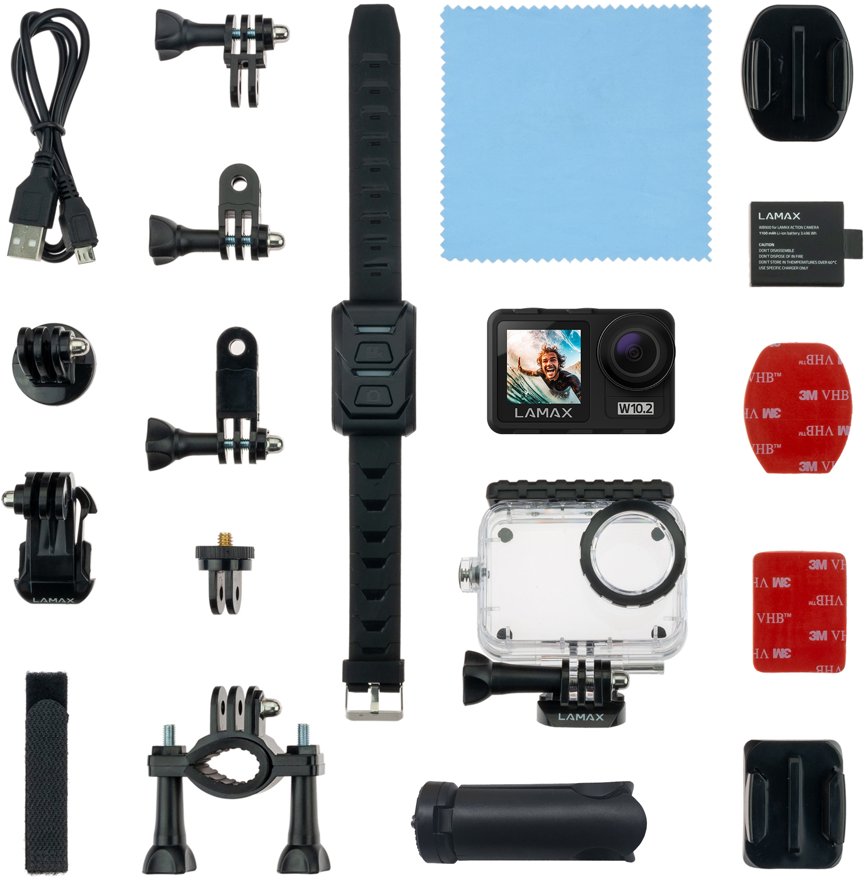 Akciókamera készlet tartozékokkal. Tartalmaz rögzítőket, szíjat, tisztítókendőt és akkumulátort.