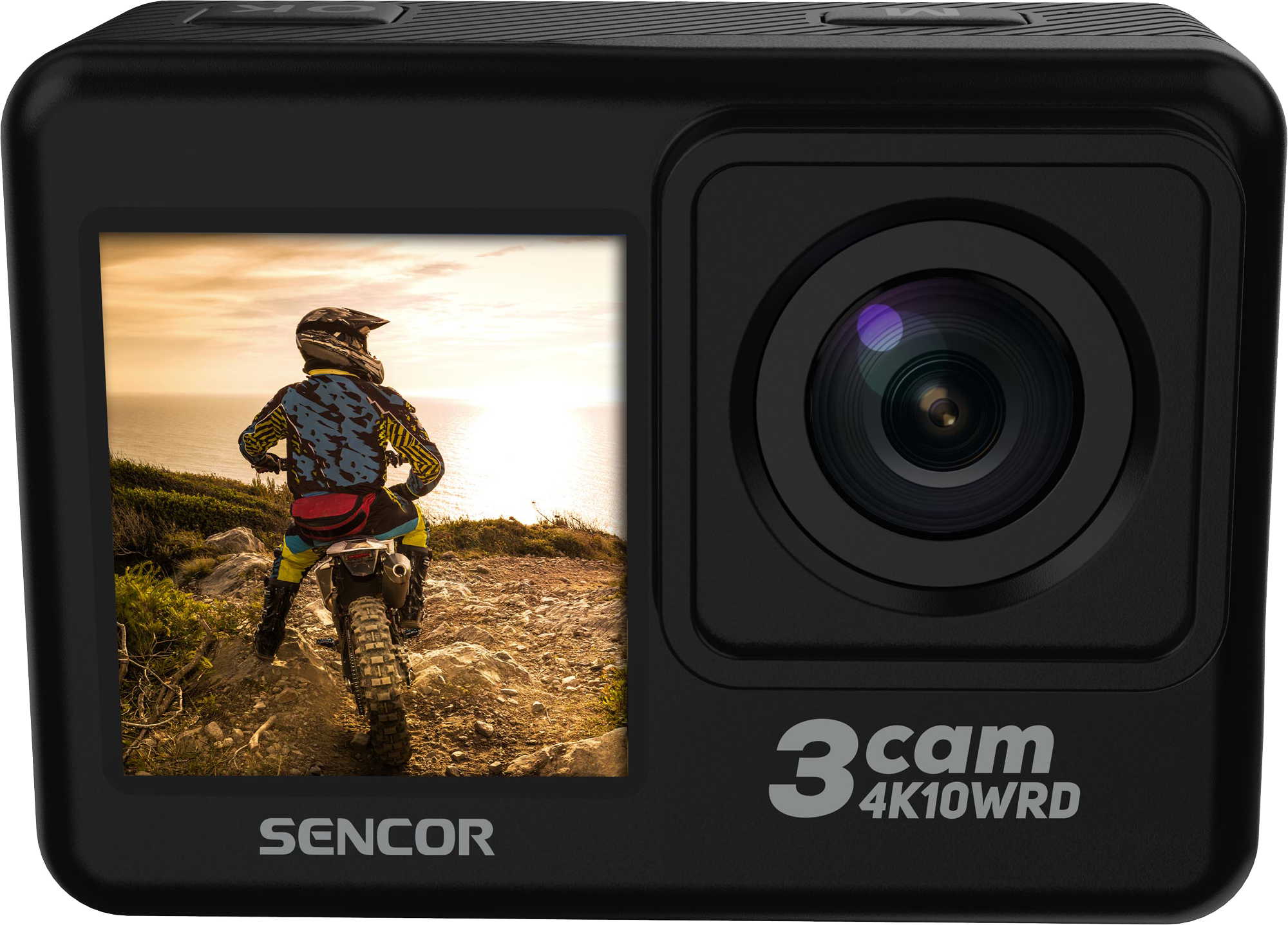 Fekete akciókamera, képernyőjén motoros látható. Szöveg: 3cam 4K10WRD.