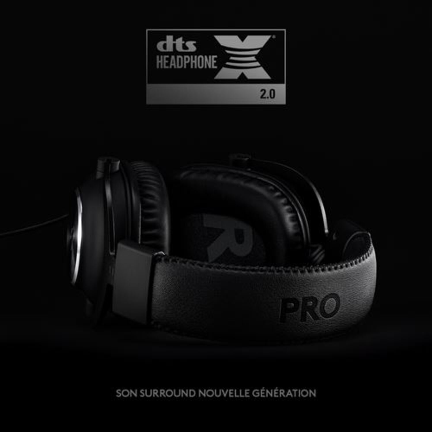 Casque noir avec bandeau, le mot PRO et l'étiquette DTS Headphone X 2.0.