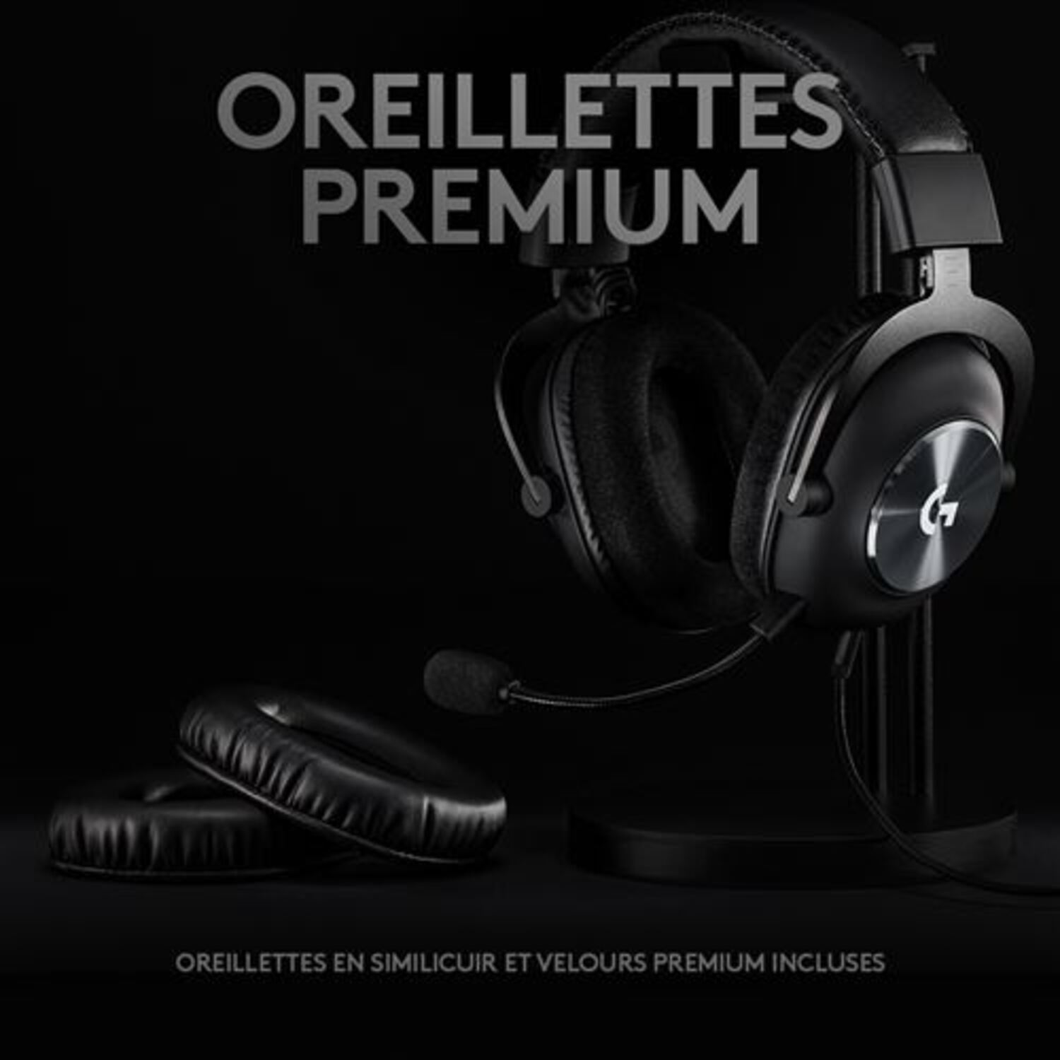 Casque noir sur un support avec coussinets d'oreille supplémentaires, sur fond sombre avec texte.