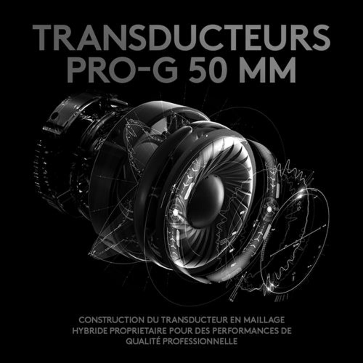 Schéma d'un composant de casque. Texte : 'TRANSDUCTEURS PRO-G 50 MM'.