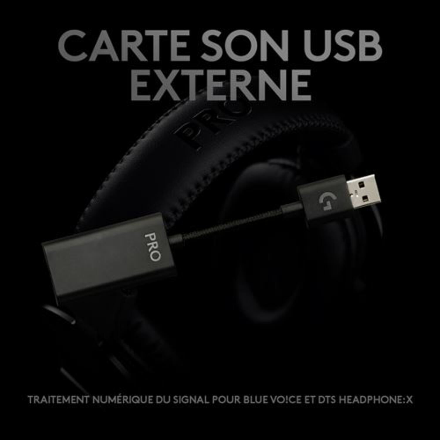 Adaptateur audio USB avec casque et superposition de texte.