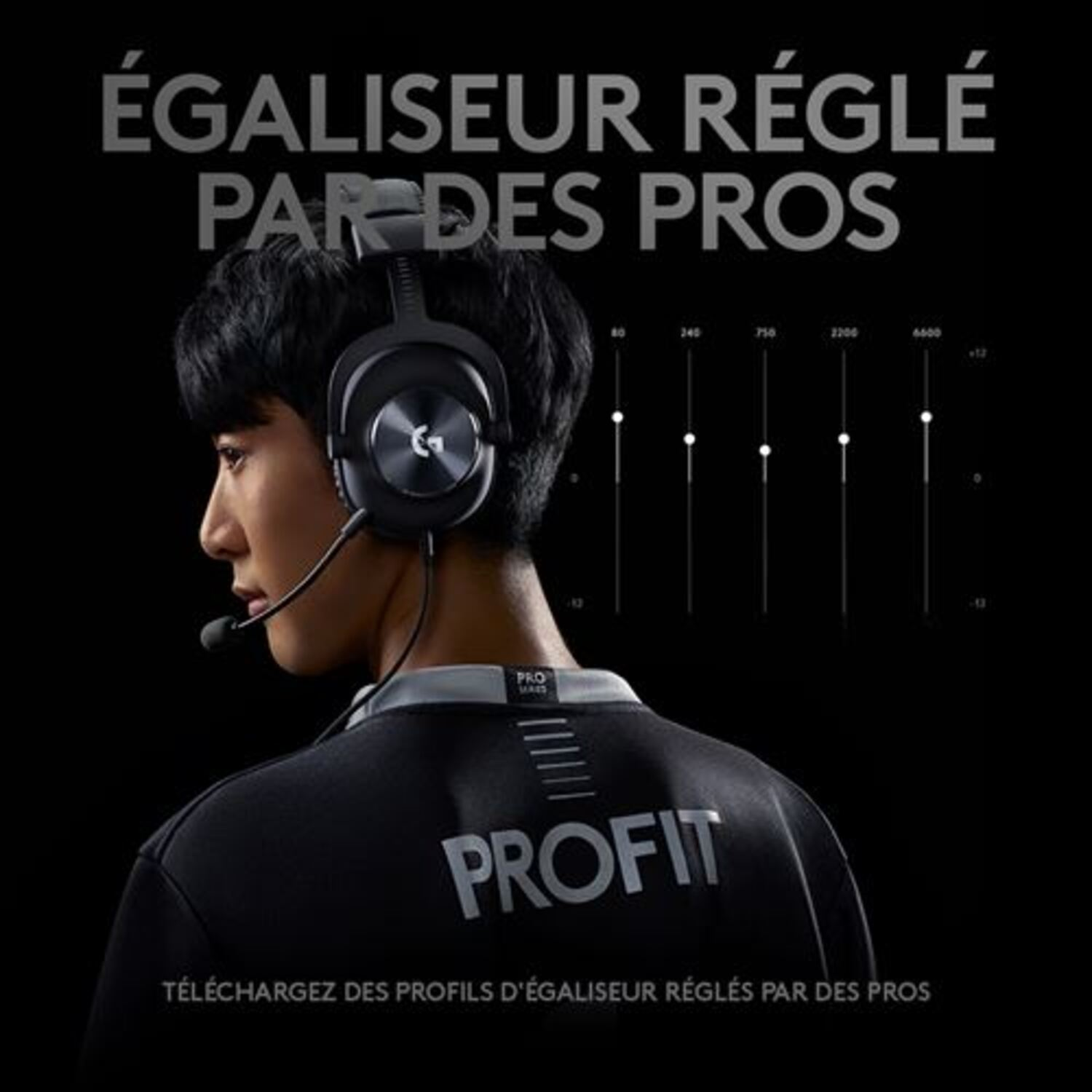 Un homme portant un casque avec un microphone, texte disant réglages par des pros.