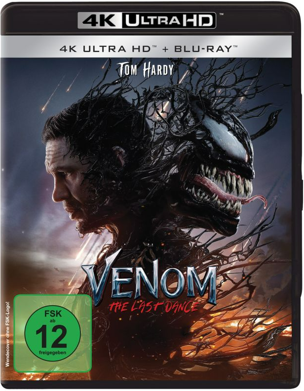Filmcover: 'Venom: The Last Dance'. Tom Hardys Gesicht verwandelt sich in Venom, dunkel und grotesk.