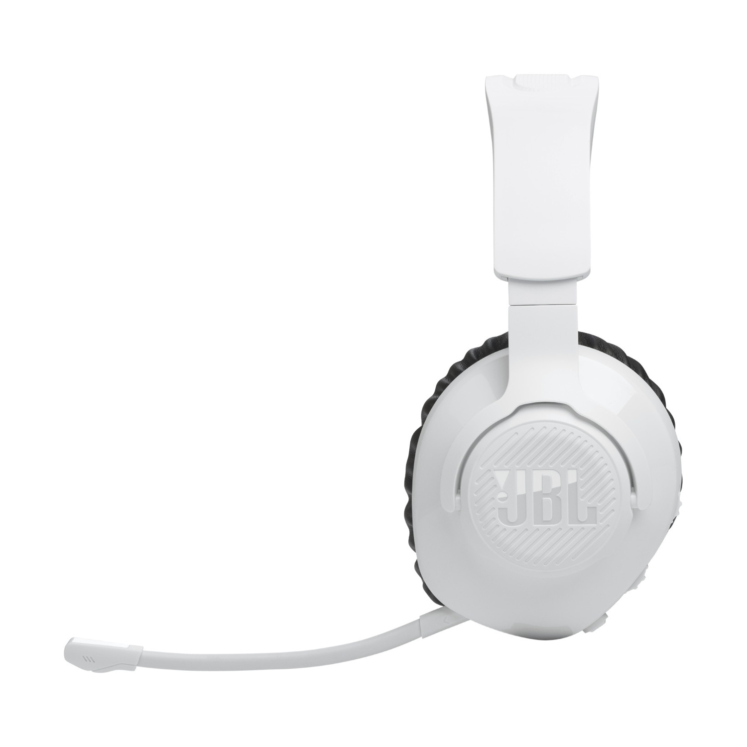 Cuffie da gioco JBL bianche con microfono. Isolato su sfondo bianco.
