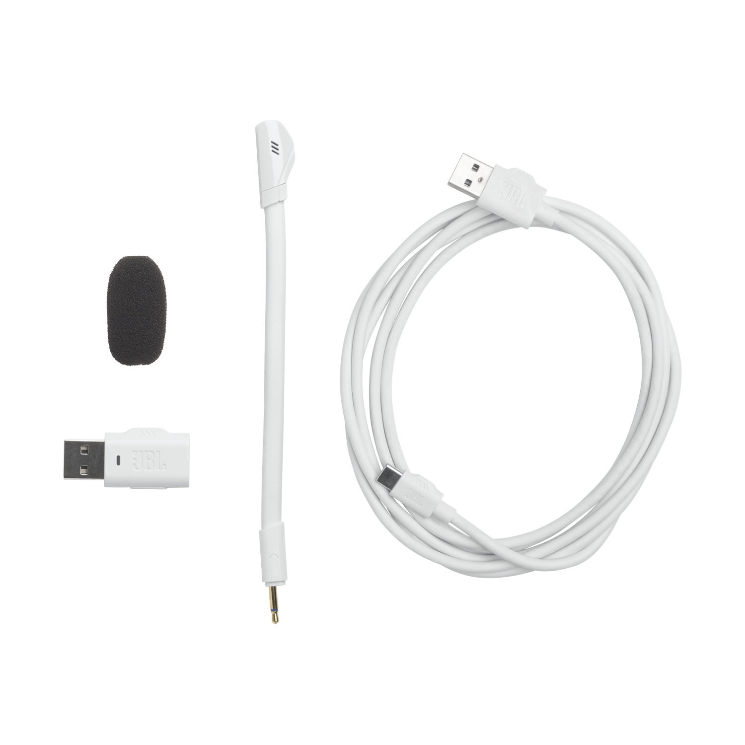 Set microfono e cavo USB JBL bianchi con copertura microfono e adattatore USB.