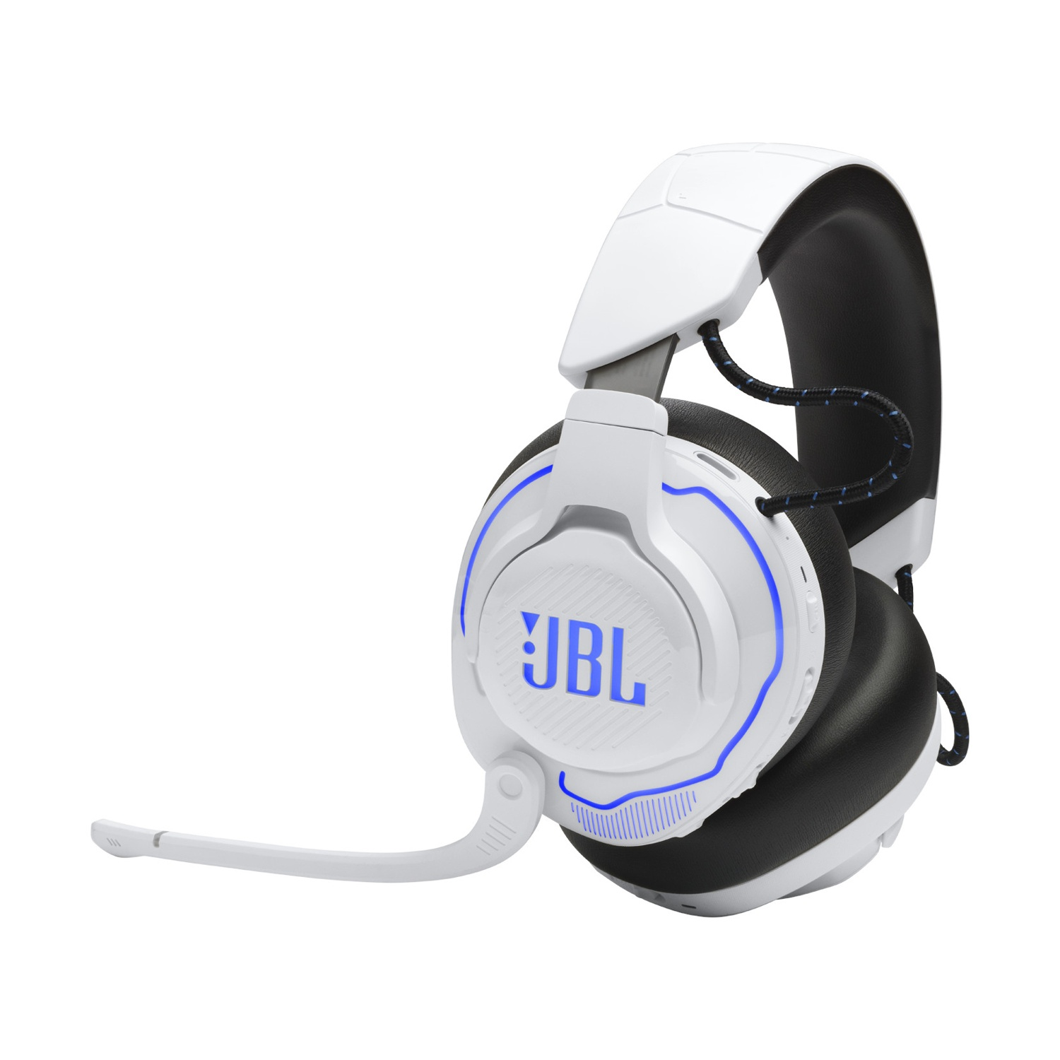 Cuffie da gioco JBL bianche con dettagli blu. Ha un microfono e una fascia nera.