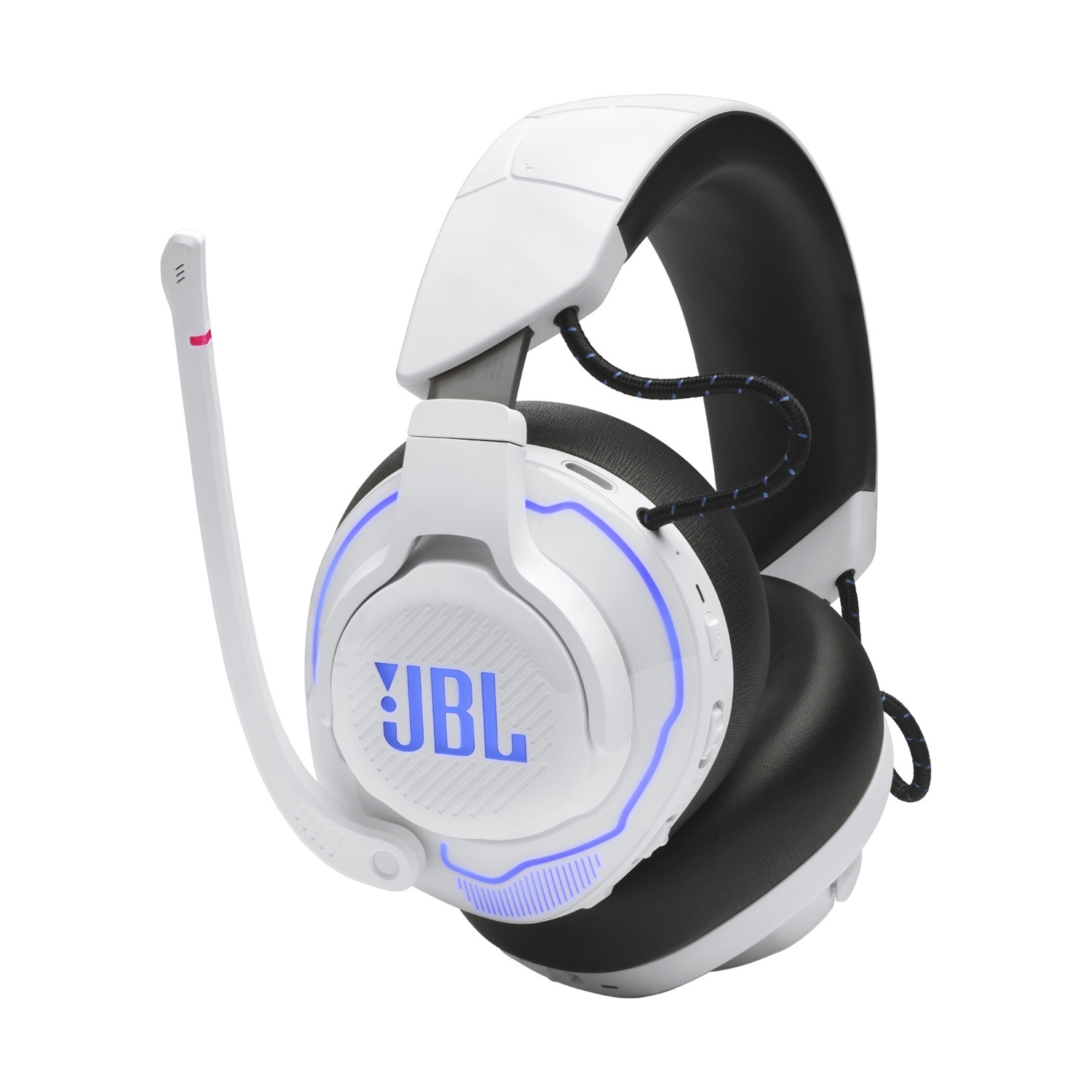 Cuffie gaming JBL bianche e nere con microfono e illuminazione blu.