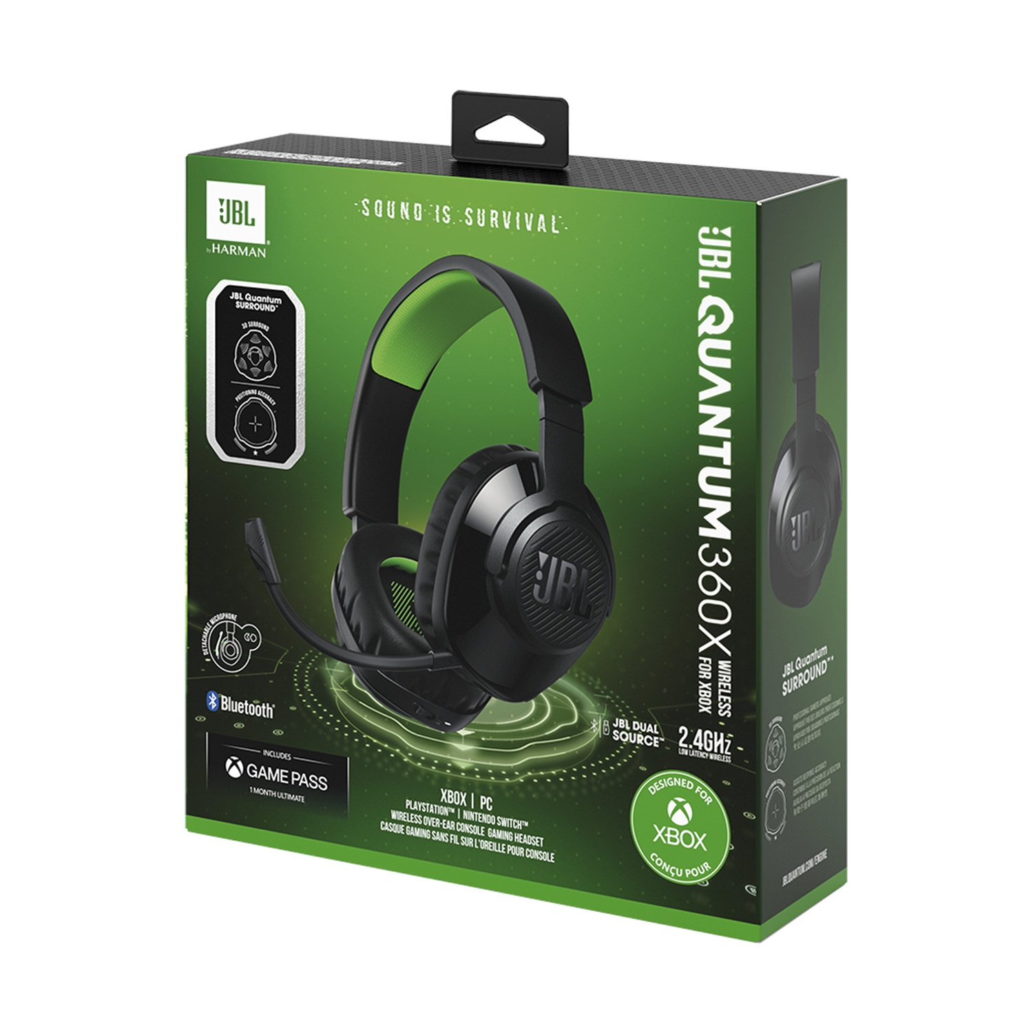 Scatola cuffie gaming JBL Quantum 360X Wireless, design verde e nero.