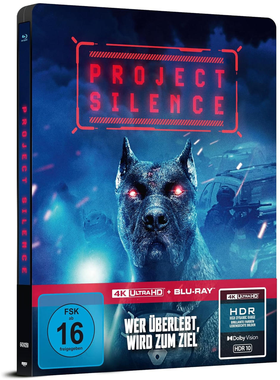 Filmcover: Hund mit roten Augen, Titel 'Project Silence'. Blu-ray-Disc, 4K Ultra HD und Altersfreigabe.