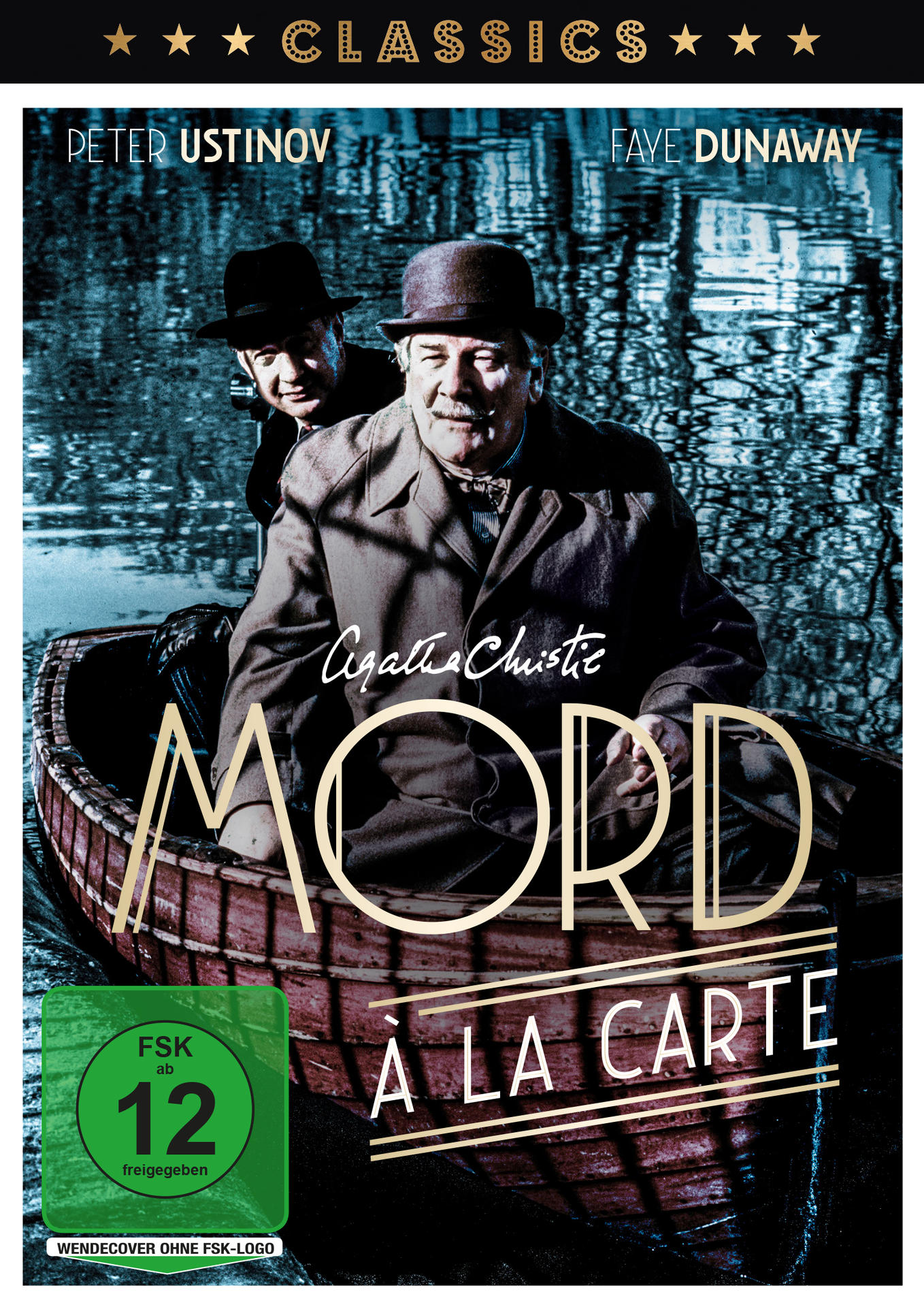 DVD-Cover: „Mord à la Carte“. Peter Ustinov und Faye Dunaway in einem Boot. Klassischer Text steht oben.