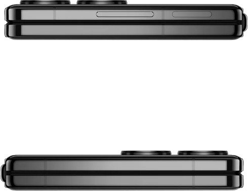 Składany telefon, czarny, widok z boku, pokazujący przyciski i zawias.