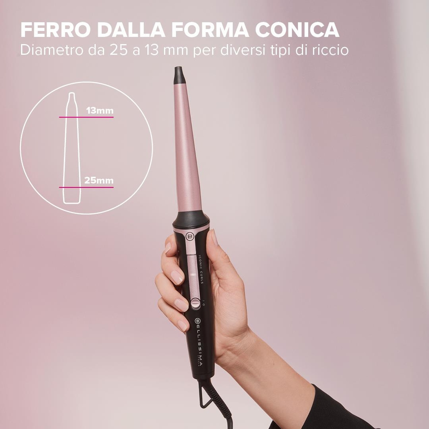 Arricciacapelli conico tenuto in mano. Il diagramma mostra le dimensioni. Design rosa e nero.