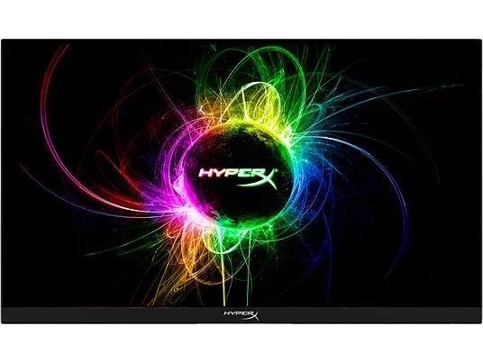 Écran avec un fond d'art numérique coloré. Une sphère centrale avec le logo 'HyperX' est entourée de lignes vibrantes.