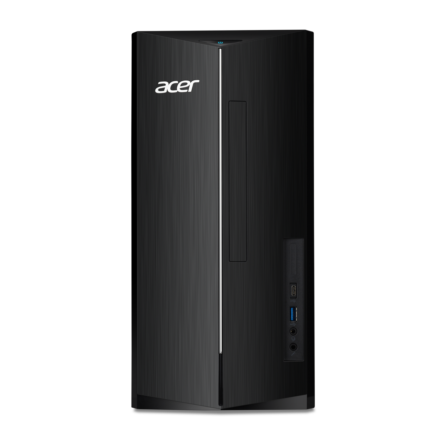 Zwarte Acer desktopcomputer op een zwarte achtergrond, vooraanzicht.