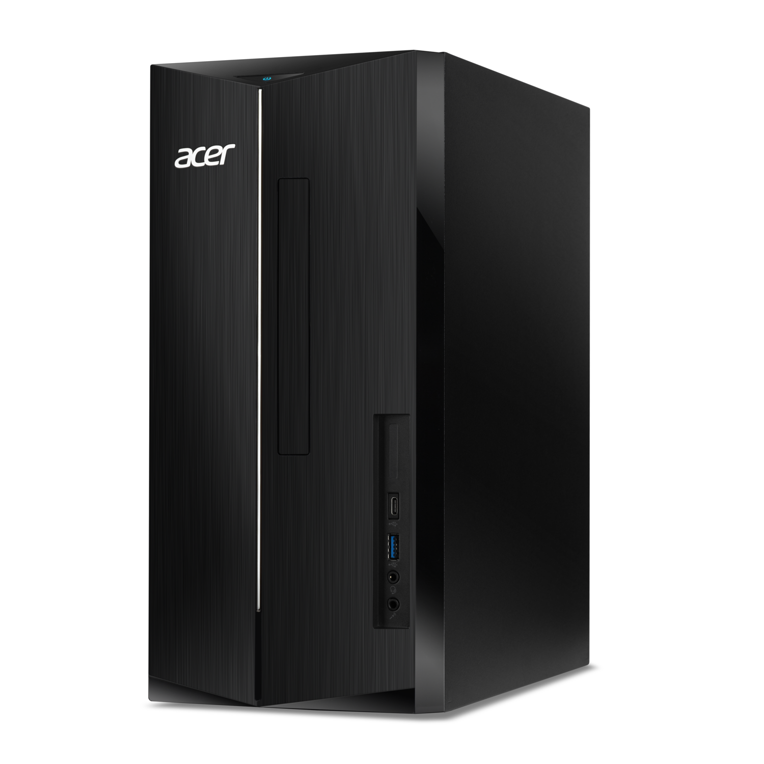Zwarte Acer desktopcomputer. Voorkant heeft licht en poorten. Acer logo links. Zwarte achtergrond.