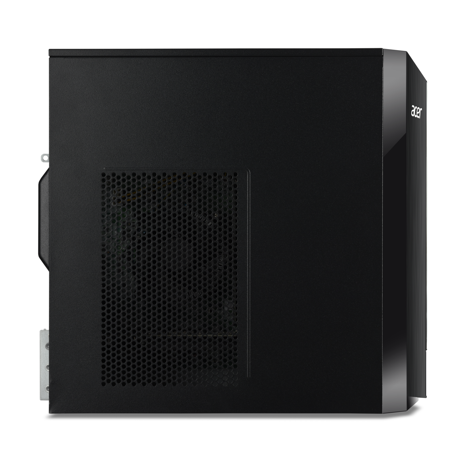 Een zwarte Acer desktop computerkast, zijaanzicht, met een rooster aan de voorkant.