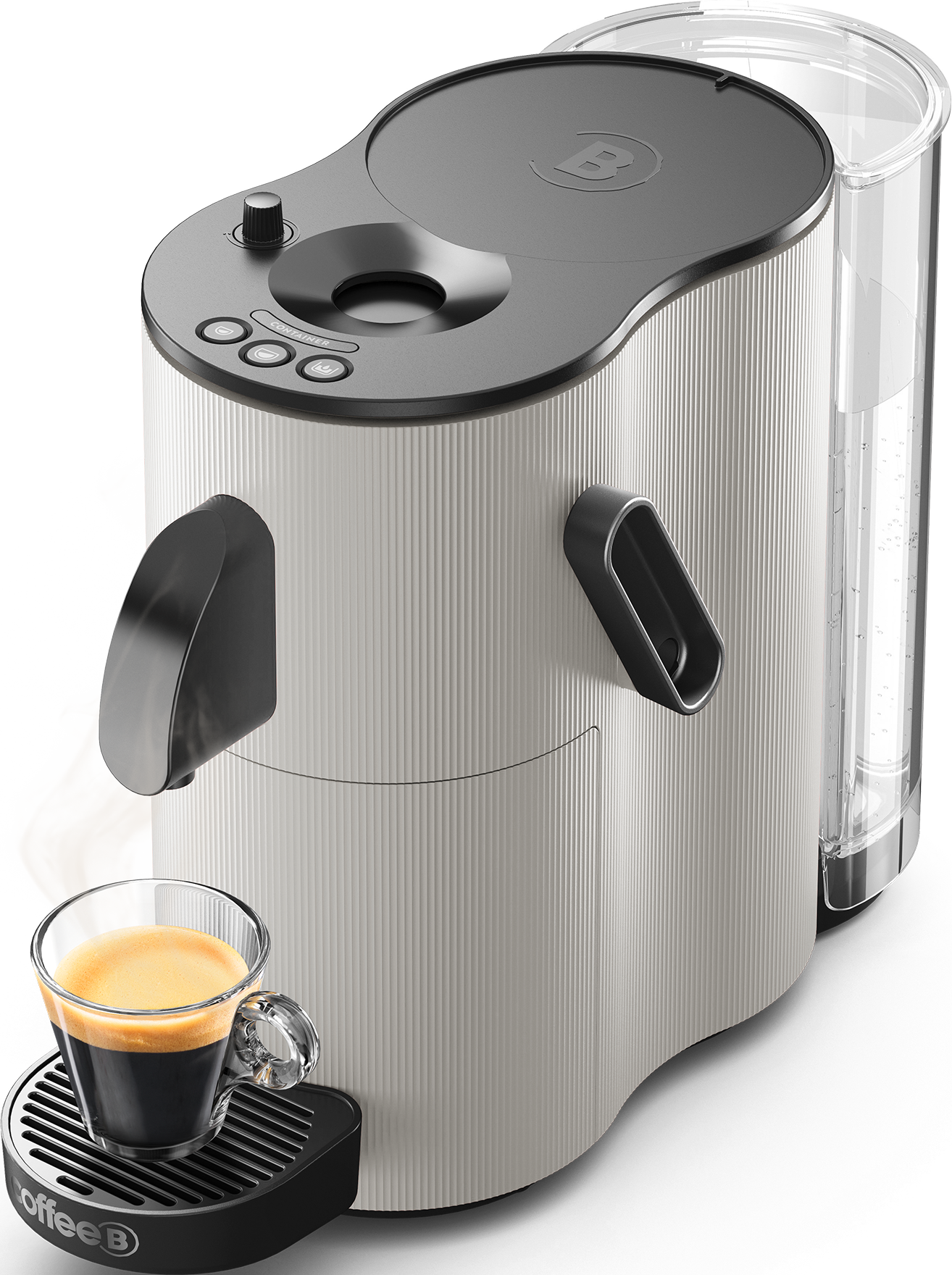 Eine weiß-schwarze Kaffeemaschine mit einem Glas Espresso und einem schwarzen Sockel.