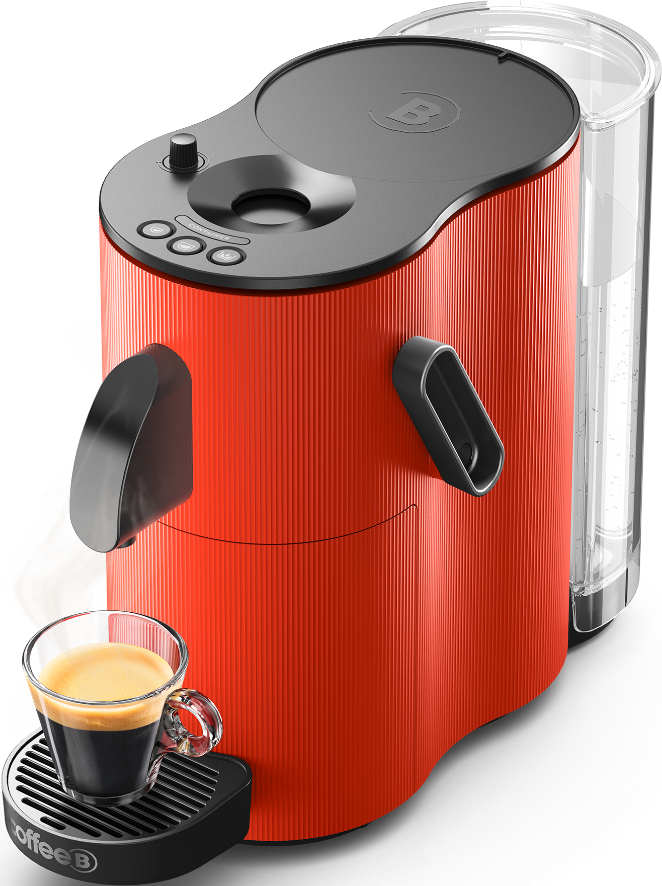Rote Kaffeemaschine mit schwarzem Sockel und transparentem Wasserbehälter. Glas mit Kaffee.
