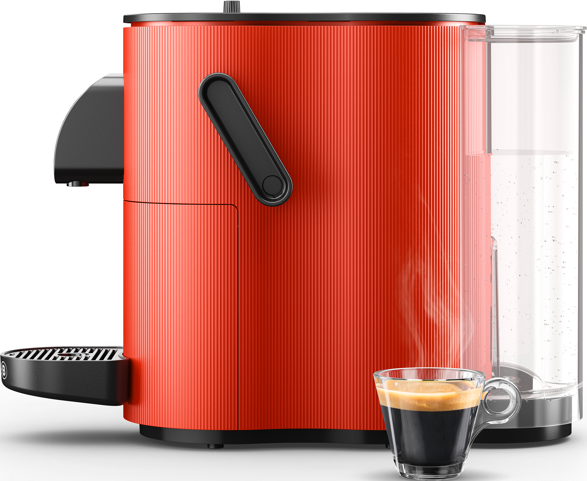 Rote Espressomaschine mit schwarzem Griff, Espressoglas, weißer Wassertank.