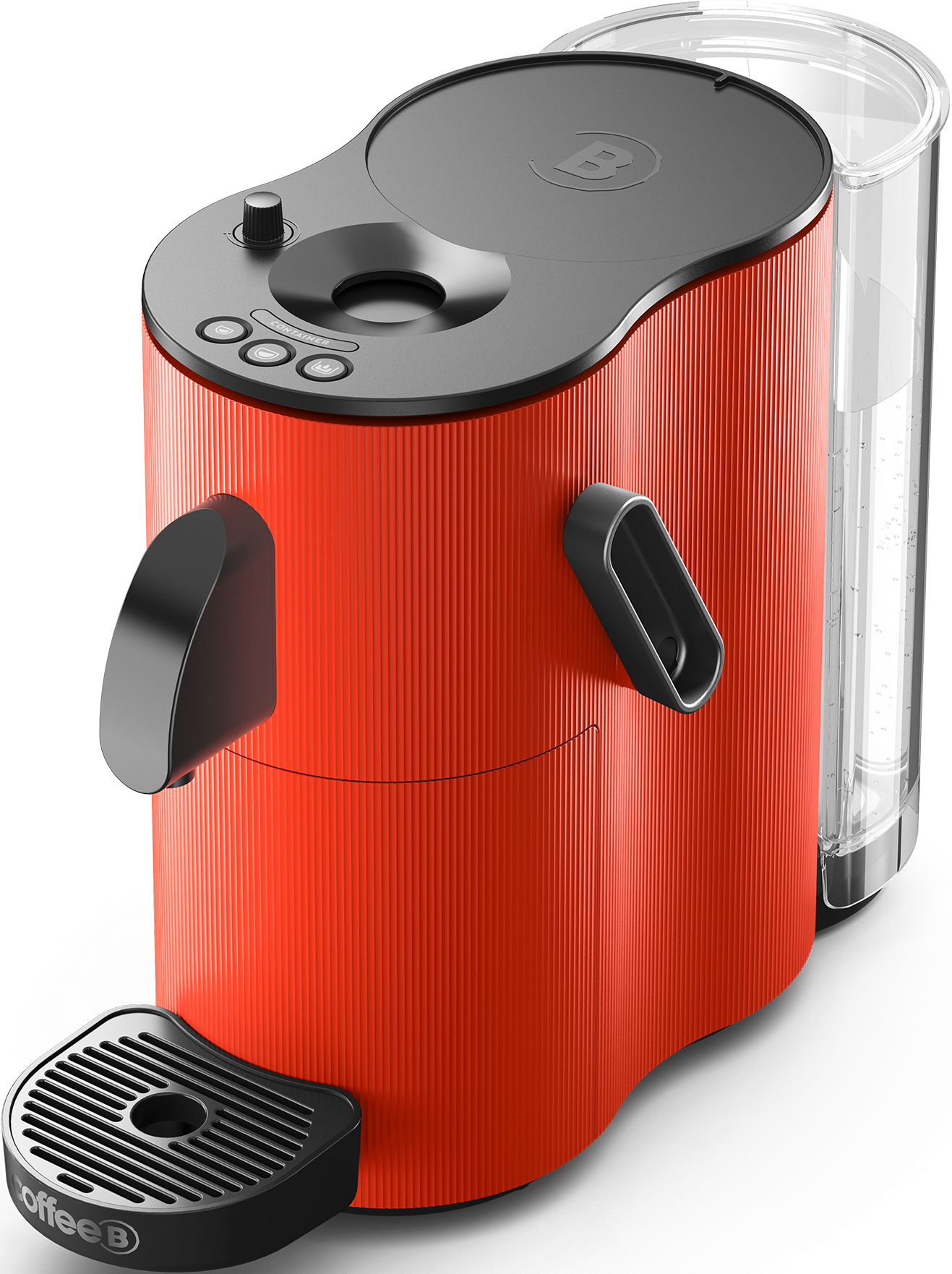 Eine rote Kaffeemaschine mit schwarzem Deckel und Wassertank, vor weißem Hintergrund.