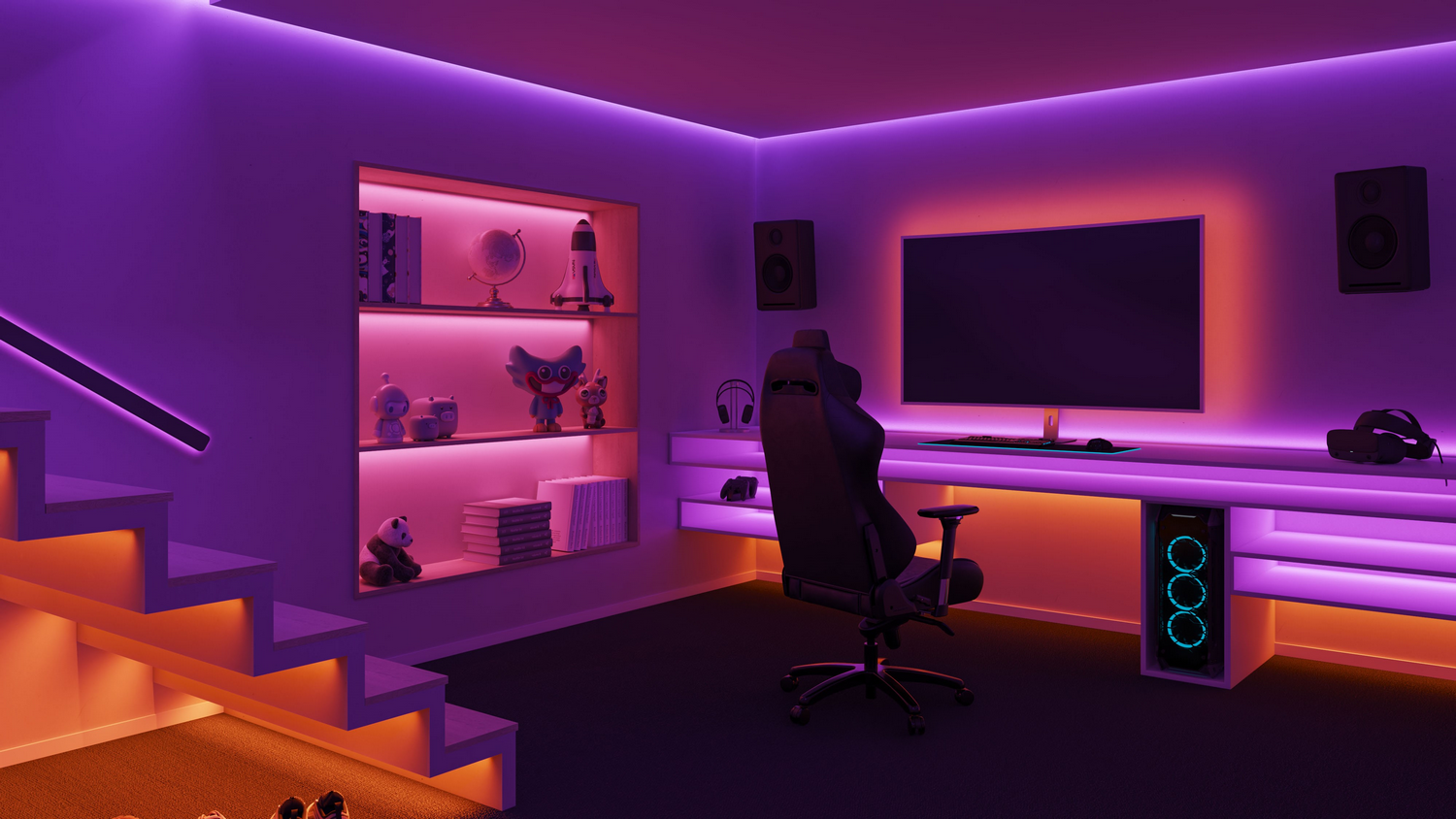 Sala de juegos con luces de neón, escritorio y computadora. Estanterías con decoración y escaleras.