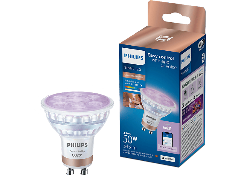 Bombilla inteligente - Philips PAR16 GU10, Colores Regulables, 50W, 345 lm, Conexión Plug & Play, Control voz/App, Blanco