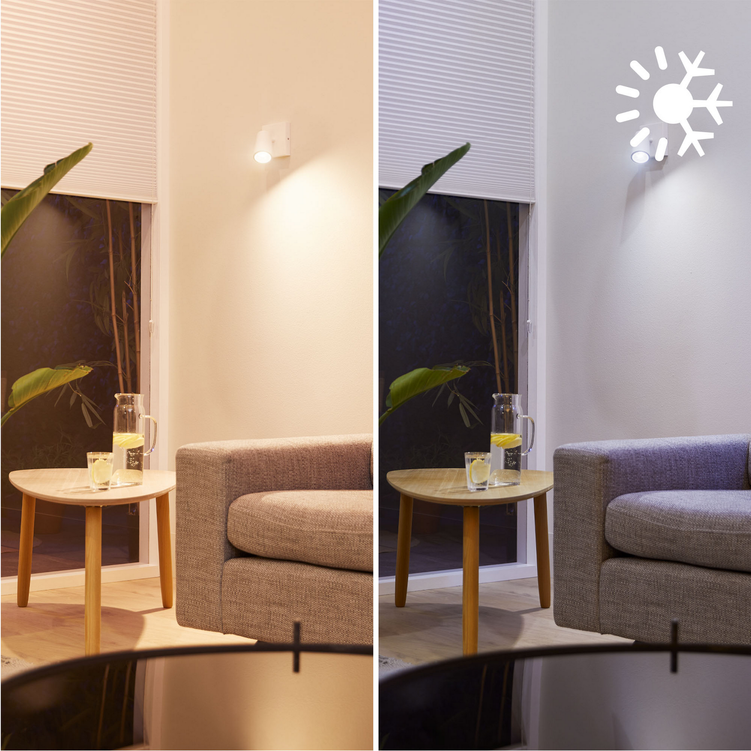 Escena interior con mesa, sofá y luces, en entornos brillantes y oscuros.