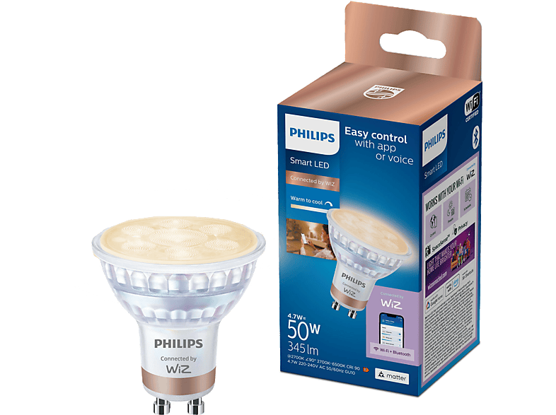 Bombilla inteligente - Philips PAR16 GU10, Blanco Regulable, 50W, 345 lm, Conexión Plug & Play, Control voz/App,