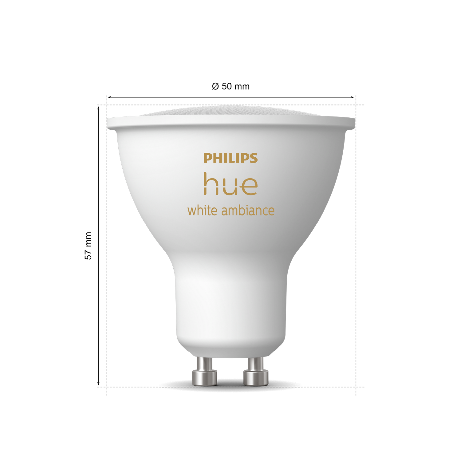 Bombilla blanca Philips Hue, con dimensiones y marca visibles sobre fondo negro.