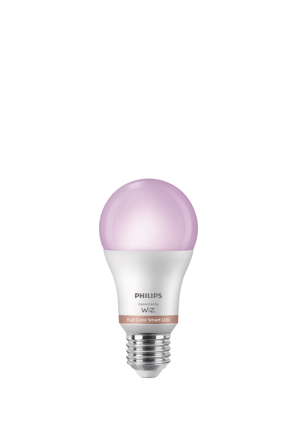 Una bombilla LED inteligente Philips Wiz, con un brillo rosado, sobre un fondo negro.