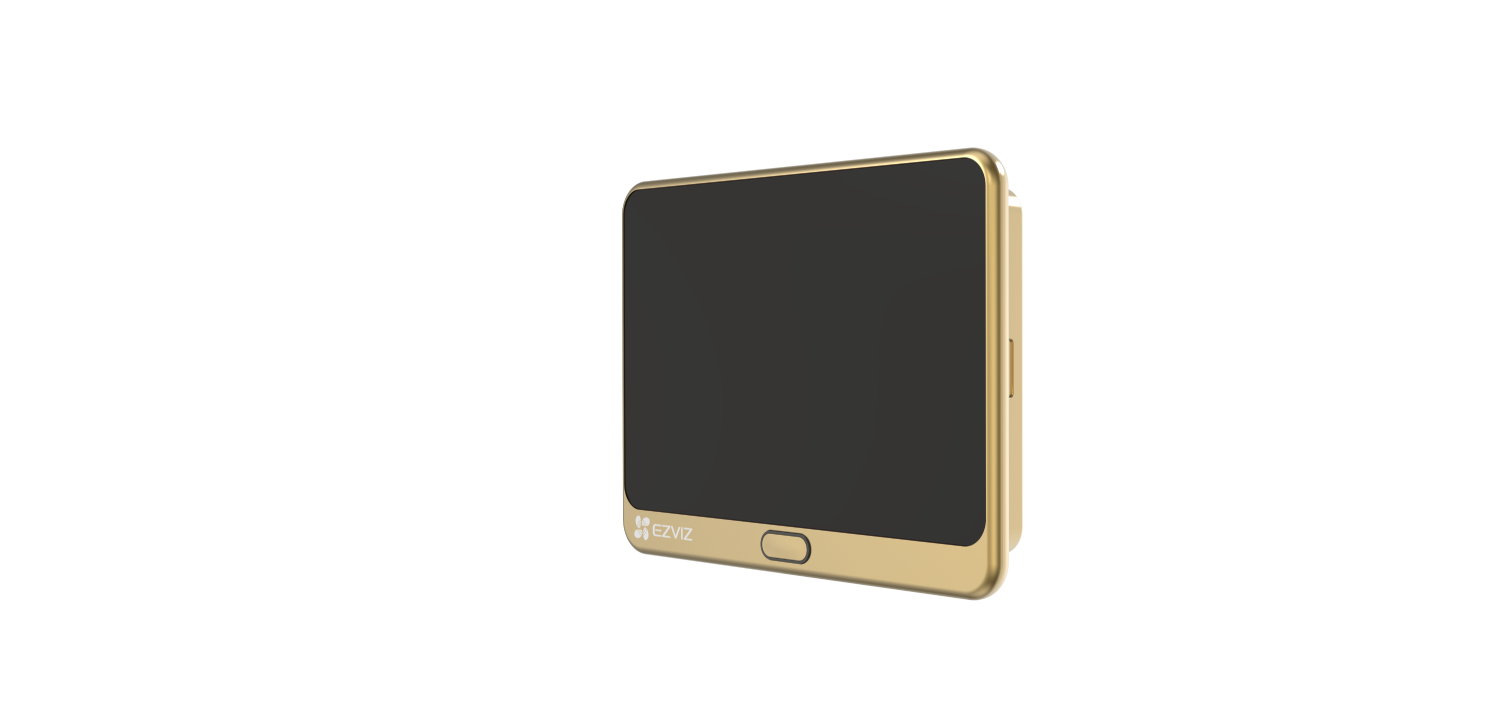 Una pantalla de tableta dorada con un pequeño logotipo de Ezviz y un solo botón.