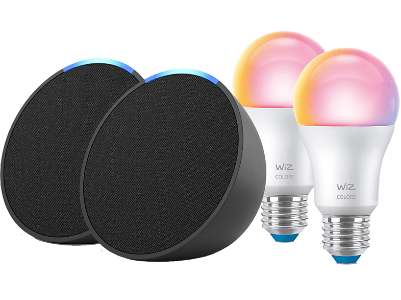 Altavoz inteligente - Amazon Echo Pop + Bombilla Wiz, Pack 2 Bombillas WiZ, Bluetooth con Alexa de Sonido Potente y Compacto, Negro