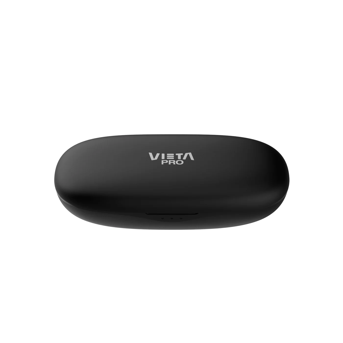 Funda de carga de auriculares VISTA PRO negra. Texto en la parte superior. Fondo blanco.