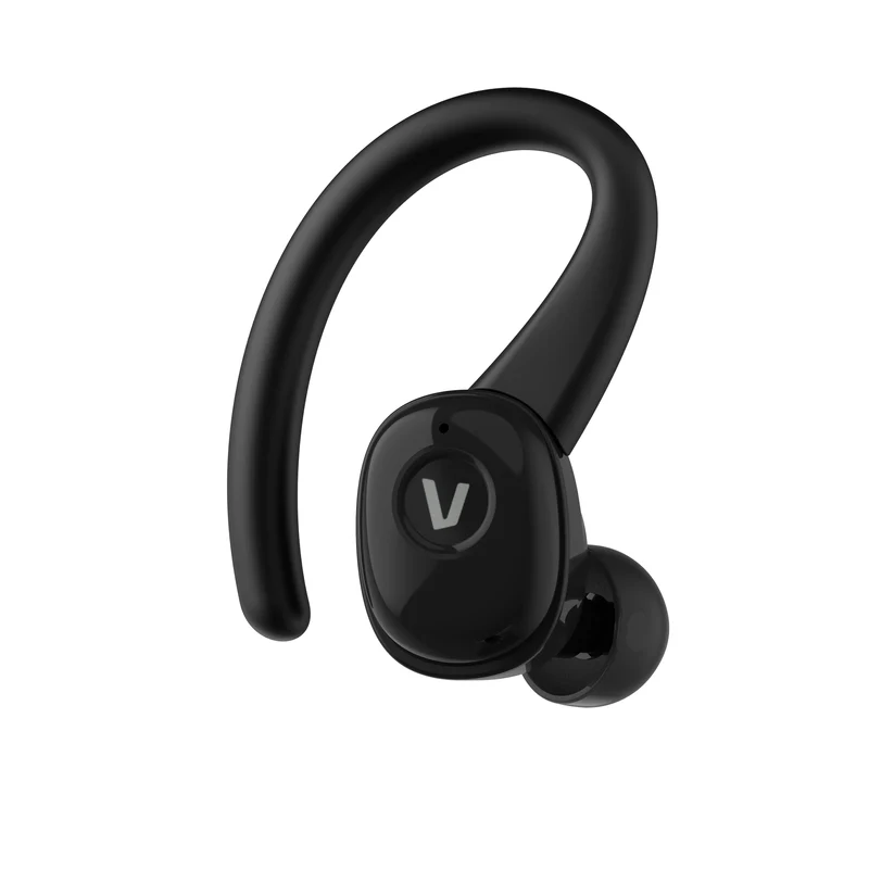 Auricular inalámbrico negro con gancho para la oreja, aislado sobre blanco.
