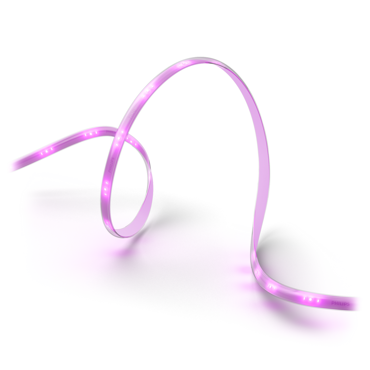 Tira de luz LED rosa curvada sobre fondo negro, creando un diseño fluido.