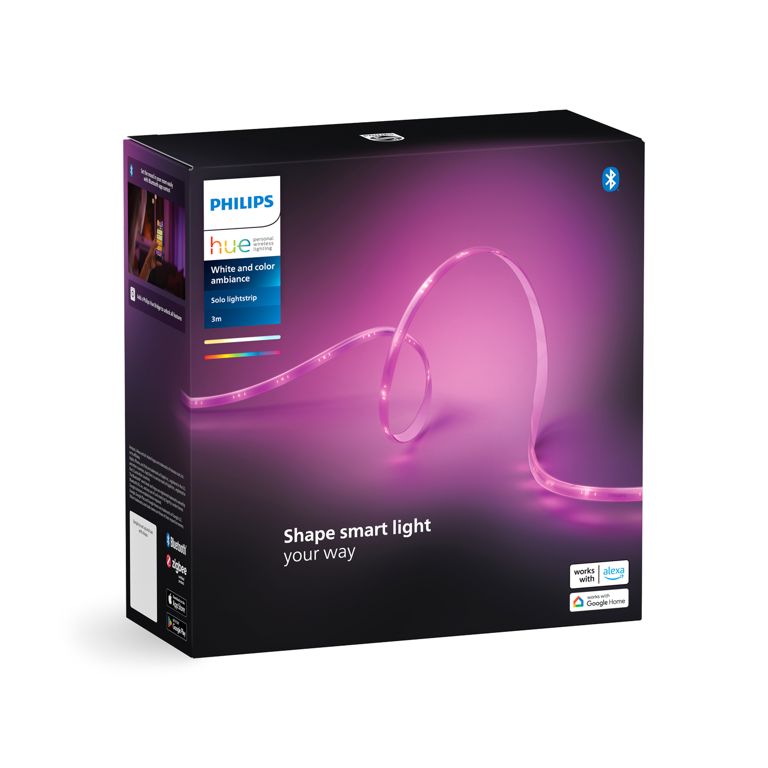 Una caja de tira de luz Philips Hue con una pantalla de luz púrpura y fondo negro.