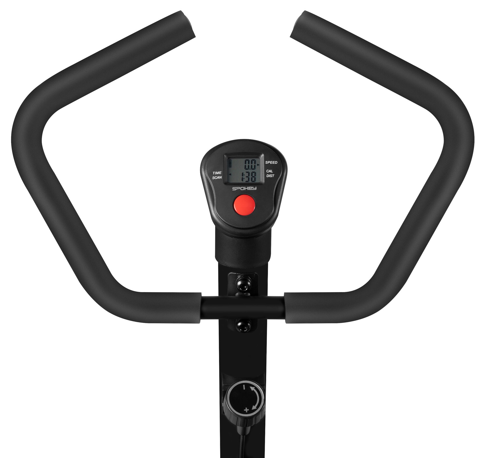 Kierownica roweru treningowego z cyfrowym wyświetlaczem i czerwonym przyciskiem.