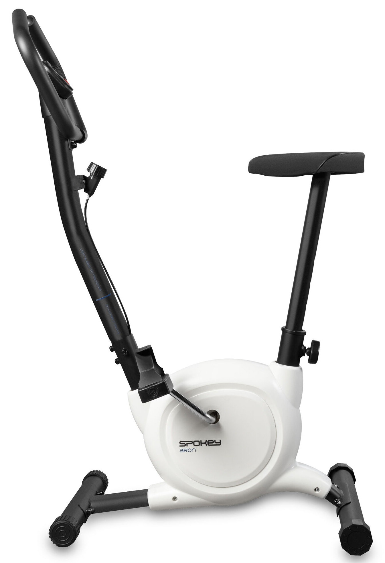 Biały i czarny rower stacjonarny. Ma siedzenie, uchwyty i ekran.