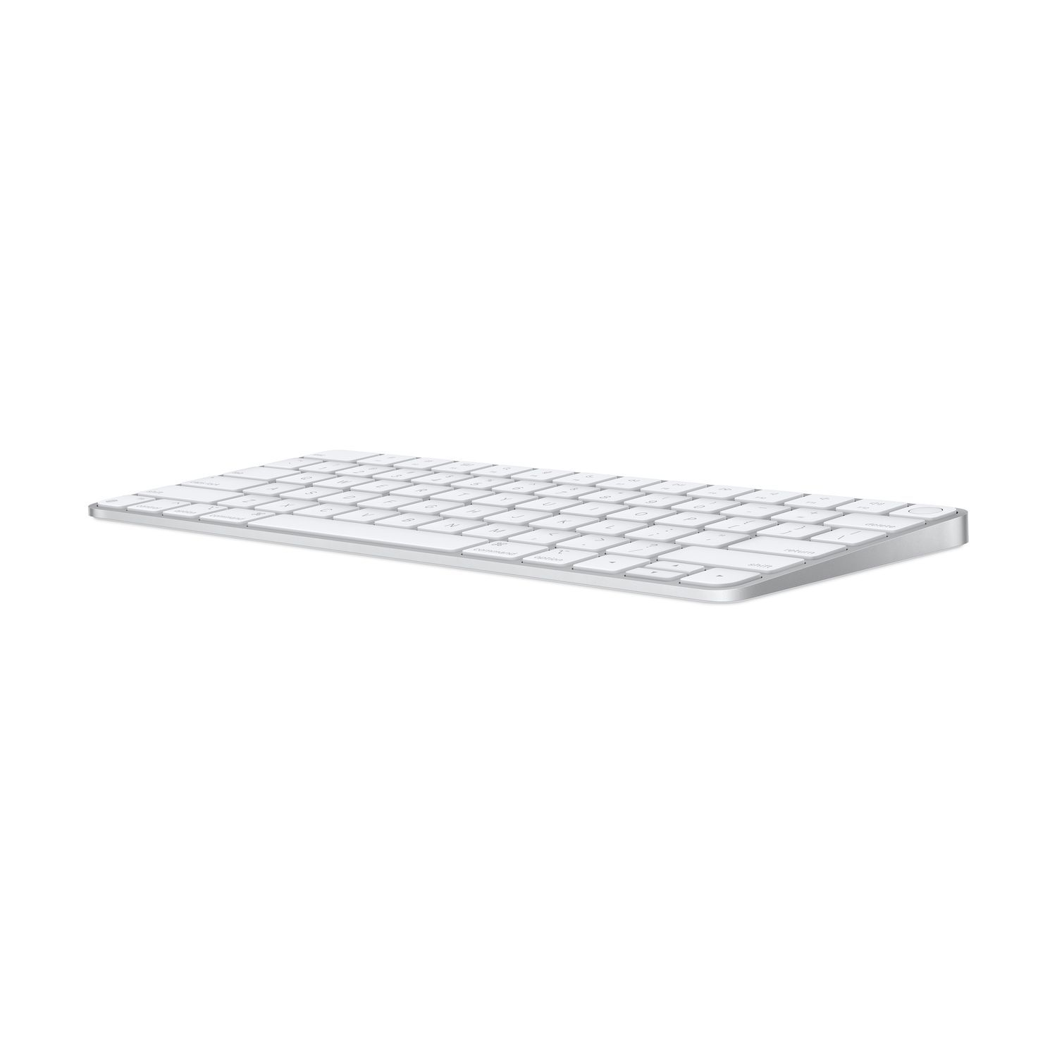 A silver Apple Magic Keyboard is shown on a white background. It is a flat, wireless keyboard.