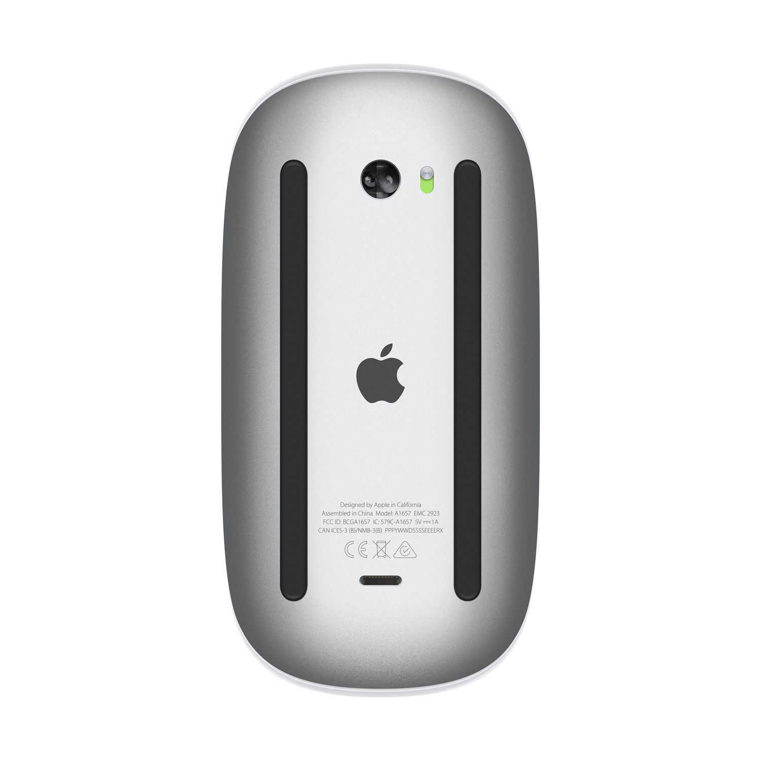 Silver Apple mouse. Has a black logo, two black bars, and a green light.