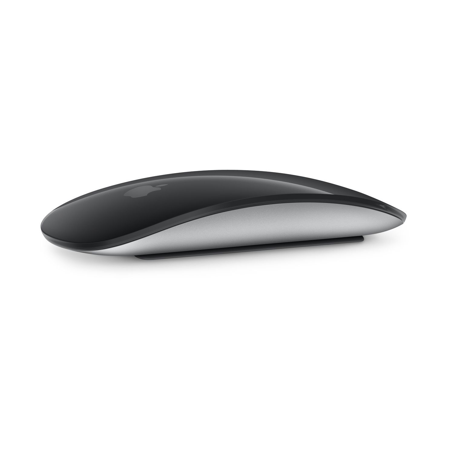 Apple Magic Mouse, black and silver, lying flat on a white surface.