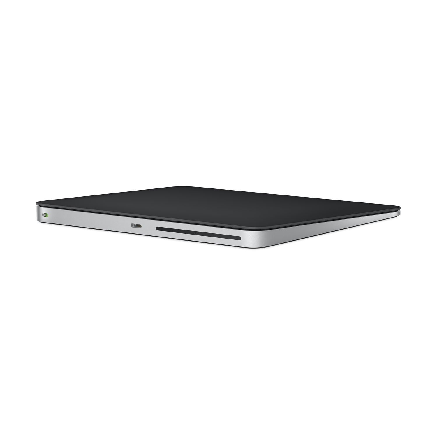 Een zilveren trackpad met een zwart oppervlak. Het heeft een USB-poort en een aan/uit-knop.